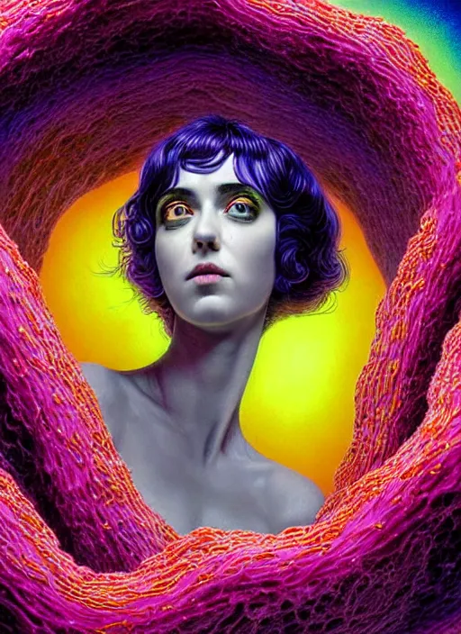 Prompt: hyper detailed 3d render like a Oil painting - Ramona Flowers with black hair in thick mascara seen Eating of the Strangling tight network of colorful yellowcake and aerochrome and milky Fruit and Her delicate Hands hold of gossamer polyp blossoms bring iridescent fungal flowers whose spores black the foolish stars by Jacek Yerka, Mariusz Lewandowski, Houdini algorithmic generative render, Abstract brush strokes, intense eyes, Masterpiece, Edward Hopper and James Gilleard, Zdzislaw Beksinski, Mark Ryden, Wolfgang Lettl, Dan Hiller, hints of Yayoi Kasuma, octane render, 8k