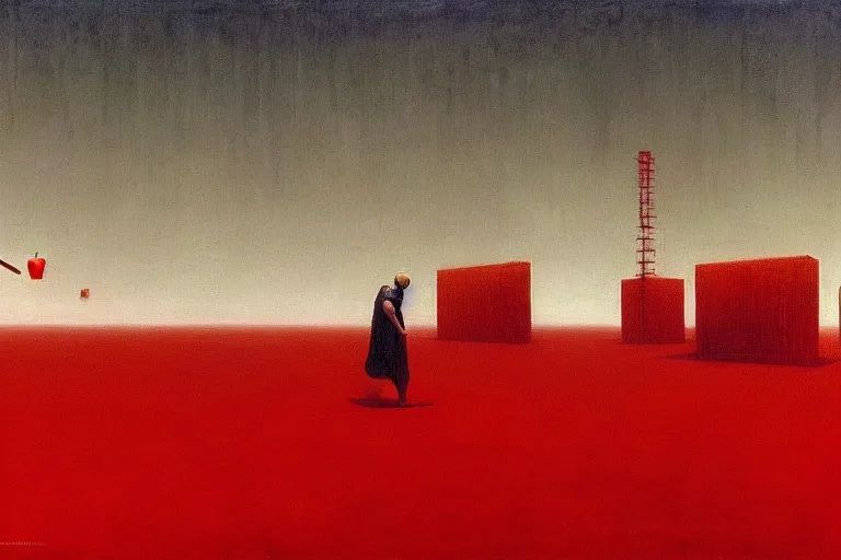 Image similar to only with red, red god of death eat apple, a futuristic city on mars in the background, red worms on the floor, in the style of beksinski, part by hopper, part by rodcenko, part by hofbauer, intricate composition, red by caravaggio, insanely quality, highly detailed, masterpiece, red light, artstation, 8 k