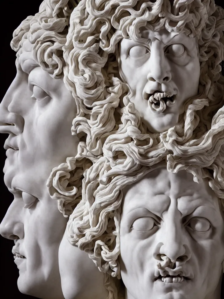 Image similar to Epic view of intricate stained white marble statue with triple head clown faces looking to both sides using a purple velvet veil over his shoulder sculpted by Antonio Corradini and Bernini