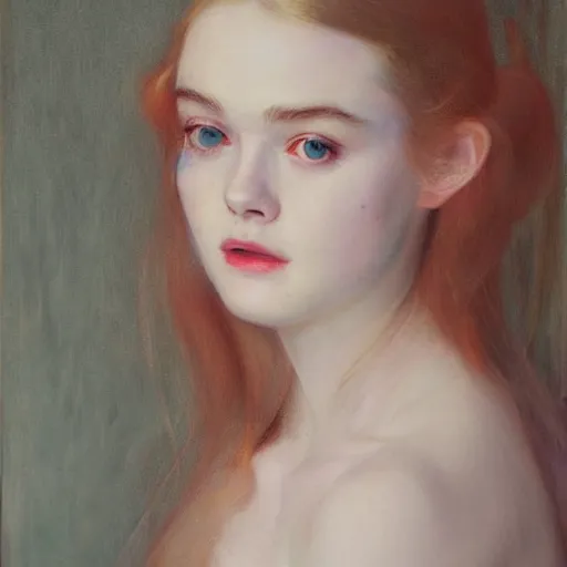 Image similar to Elle Fanning in the style of Berthe Morisot, head and shoulders portrait, stormy weather, extremely detailed masterpiece, oil on canvas, low-key neon lighting, artstation, Blade Runner 2049, Roger Deakin’s cinematography, by J. C. Leyendecker and Peter Paul Rubens and Edward Hopper and Michael Sowa,