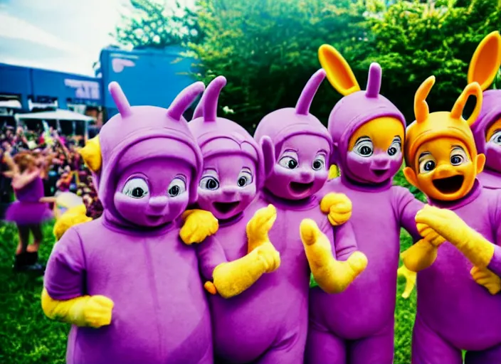 Prompt: photo still the teletubbies at the vans warped tour!!!!!!!! at age 3 6 years old 3 6 years of age!!!!!!!! dancing into the crowd, 8 k, 8 5 mm f 1. 8, studio lighting, rim light, right side key light