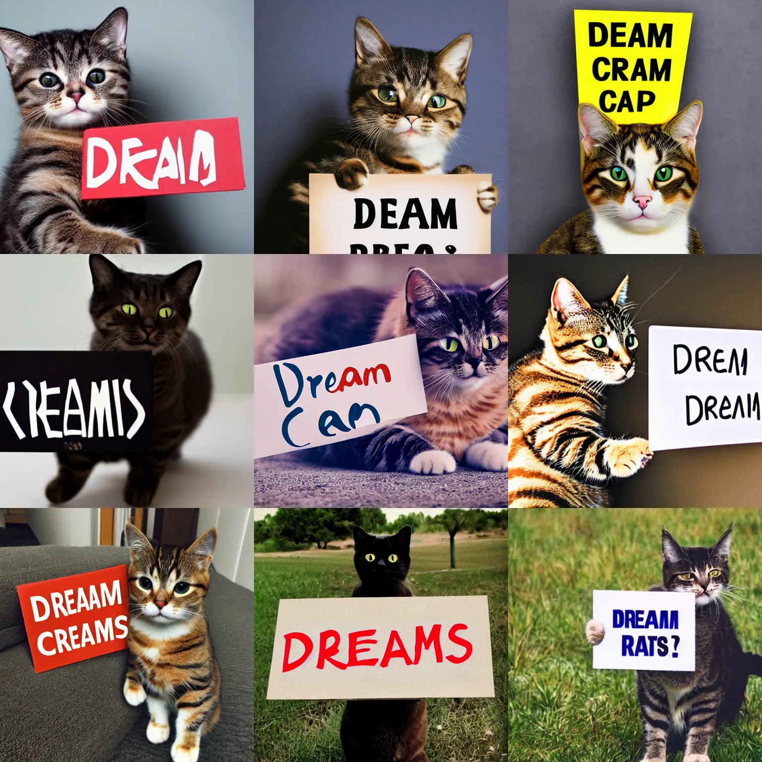 Image similar to realistic high quality photo of a cute cat holding a sign with text that reads : dream cats