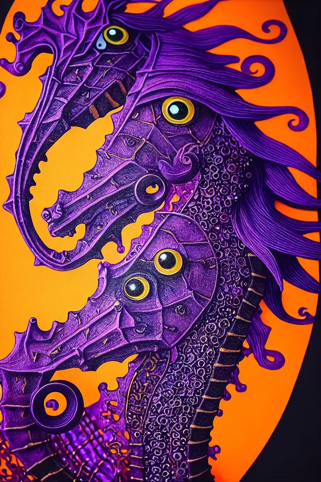 Image similar to a close up portrait of a purple ornate seahorse head statue, orange eyes, black paper, billions of details, beautiful intricate painting by kokaris