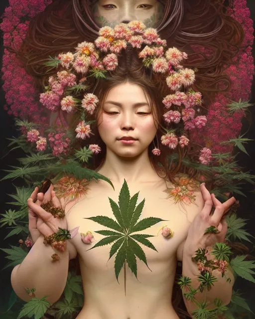 Image similar to portrait of goddess gaea, flowery face, upper body, decorated with cannabis flowers, traditional chinese art, intricate, elegant, highly detailed, digital painting, artstation, concept art, smooth, sharp focus, illustration, art by artgerm and greg rutkowski and alphonse mucha, 8 k