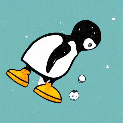 Prompt: cute drawing of a penguin baby on an astronaut suit, helmet on, floating on space, minimalist cartoon style, solid color