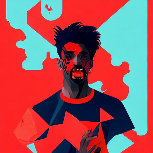 Prompt: Poster Art for Playboi Carti as a Vampire, Geometric 3d shapes, Whole Lotta Red, Paper Marbling, smoke, by Sachin Teng, Trending on artstation