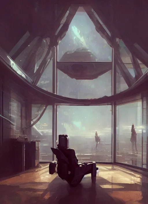 Image similar to scifi, futuristic, sharp clear focus livingroom room large window, evening, illuminated, highly detailed, artstation, by greg rutkowski