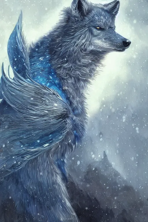 Image similar to blue wolf with wings, facing front, regal, elegant, winter, snow, beautiful, stunning, hd, illustration, epic, d & d, fantasy, intricate, elegant, highly detailed, digital painting, artstation, concept art, smooth, sharp focus, illustration, wallpaper, art by artgerm and greg rutkowski and alphonse mucha and jin xiaodi