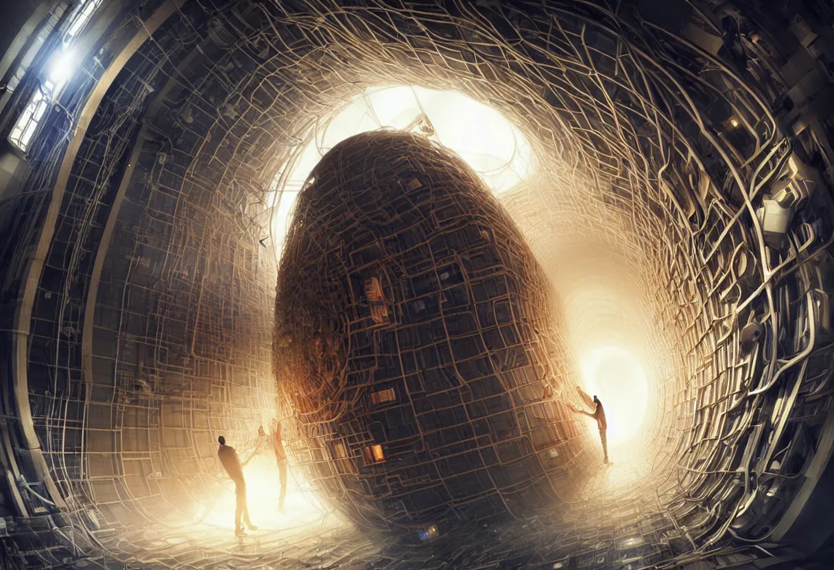 Image similar to man trapped inside cern large hadron collider, his body getting pulled apart by particle collision, ultra high definition, ultra detailed, symmetry, matte painting, by greg rutkowski and ross tran and wlop