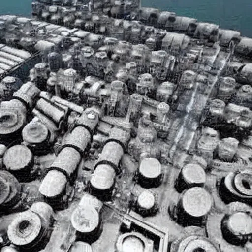 Image similar to an underwater city, made of mufflers