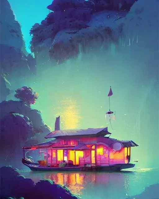 Prompt: a houseboat by a small fishing village on the river | cherry - blossoms | highly detailed | very intricate | serene romantic fantasy whimsical magical | professional cinematic lighting | pixar | award - winning | matte painting by anton fadeev and paul lehr and rhads and alena aenami | pastel color palette | featured on artstation