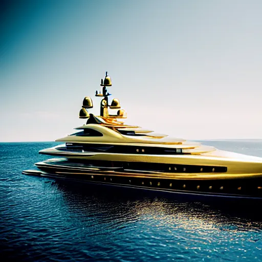 Image similar to old man polishing a gold plated mega yacht, clear and focused, elegant, photograph