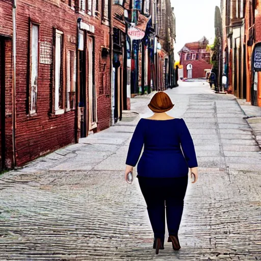 Image similar to a giant beautiful chubby well - dressed woman walking around a small town, photo, realistic