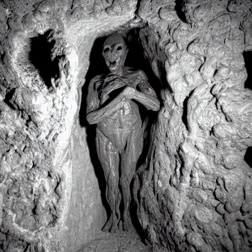 Image similar to found footage of a humanoid made of clay emerging from a wall inside of a cave made of clay, creepy, flash photography, unsettling, moist, low quality