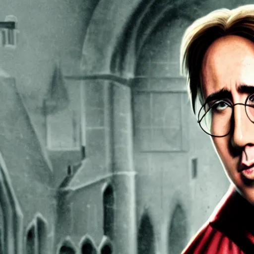 Image similar to a film poster of nicolas cage in harry potter, photorealism, film grain,