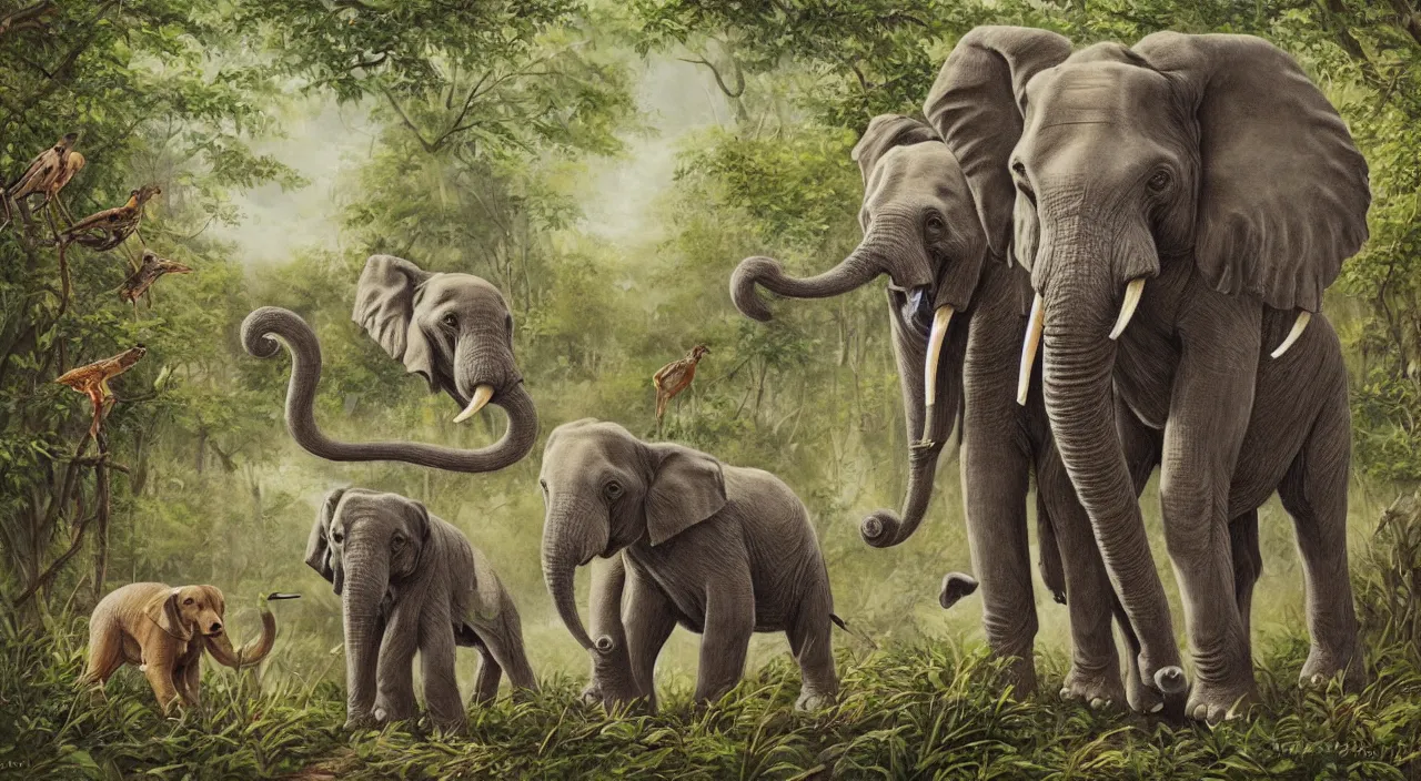 Prompt: dog, elephant and cobra in the deep forest, cute painting, in high resolution