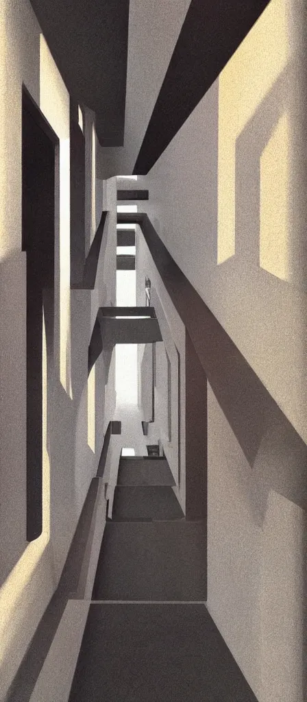 Image similar to colorful minimalist industrial interior infinity stairwell hallway with monolithic pillars in the style of ridley scott and stanley kubrick, impossible stijl architecture, lone silhouette in the distance, ultra wide angle view, cinematic, god rays, volumetric lighting, realistic detailed painting by edward hopper