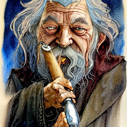 Prompt: a realistic and atmospheric watercolour fantasy character concept art portrait of gandalf with bloodshot eyes giggling and smoking a pipe looking at the camera by rebecca guay, michael kaluta, charles vess and jean moebius giraud