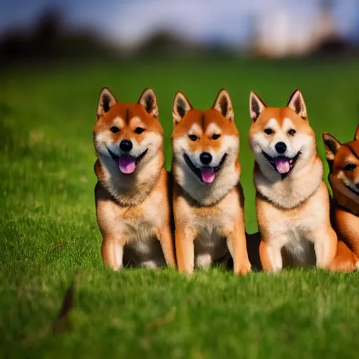 Prompt: A group of Shiba Inus in levander field, 8k UHD, Nature photography, high detail, High quality, stunning lighting, beautiful lighting,