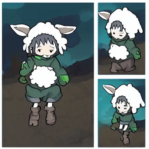 Prompt: little boy wearing sheep suit. white, gray, blue, green and brown pallet color. made in abyss art style, inspired in deltarrune, cute detailed artwork
