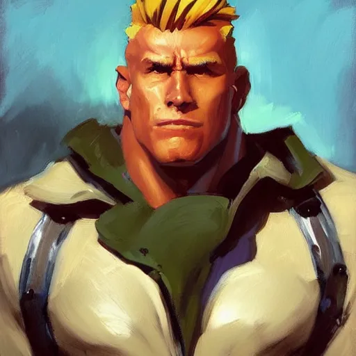 Image similar to greg manchess portrait painting of guile from street fighter as overwatch character, medium shot, asymmetrical, profile picture, organic painting, sunny day, matte painting, bold shapes, hard edges, street art, trending on artstation, by phil hale and gil elvgren and gerald brom