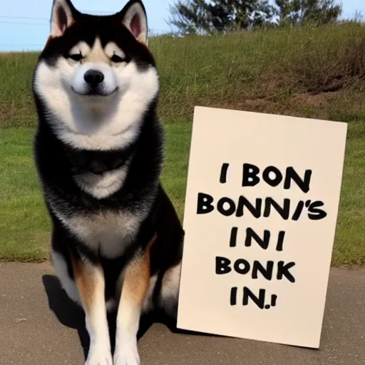 Image similar to shiba inu holding holding a sign with text that reads bonk, in paws