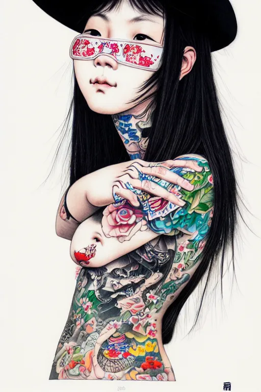 Image similar to full view of taiwanese girl with tattoos wearing cowboy hat, style of yoshii chie and hikari shimoda and martine johanna, highly detailed