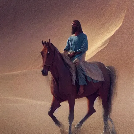 Prompt: jesus christ, riding a horse in the desert, oil paint by alyssa monks, greg rutkowski, cinematic, canon