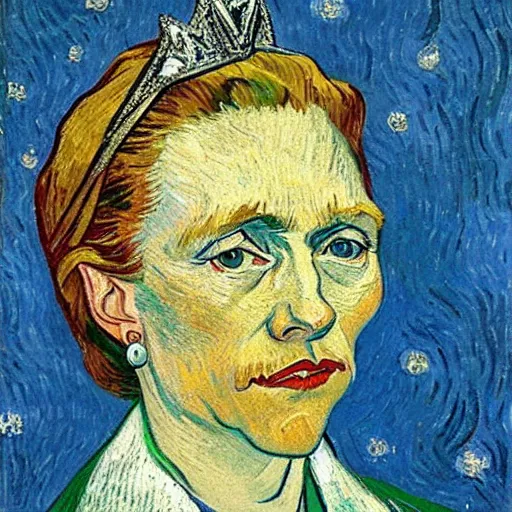 Image similar to vincent van gogh portrait of hillary clinton's head, wearing pearl necklace and a diamond tiara