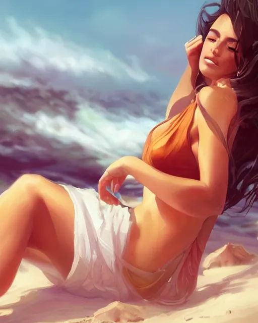 Prompt: summer vibes, beautiful sun tanned woman portrait, flowy hair, sun, summer, cinematic lighting, highly detailed, digital painting, trending on artstation, pixiv, concept art, sharp focus, illustration, art by ross tran and wlop