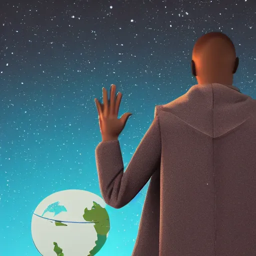 Prompt: detailed futuristic world, man waving goodbye to his friends