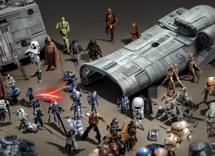 Image similar to a detailed photo of a diorama with star wars toys, macro photography, zoom