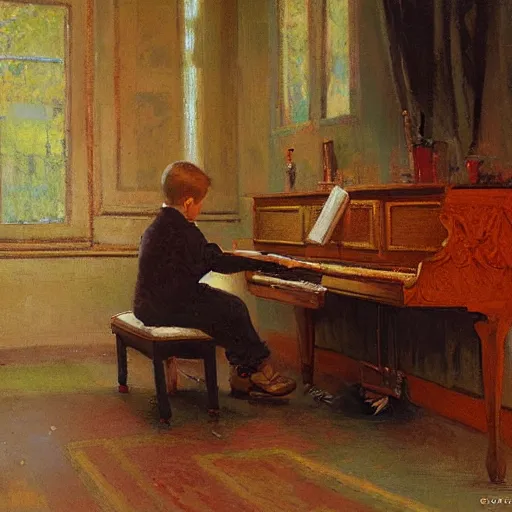 Prompt: a dog playing piano by Gaston Bussiere, Craig Mullins