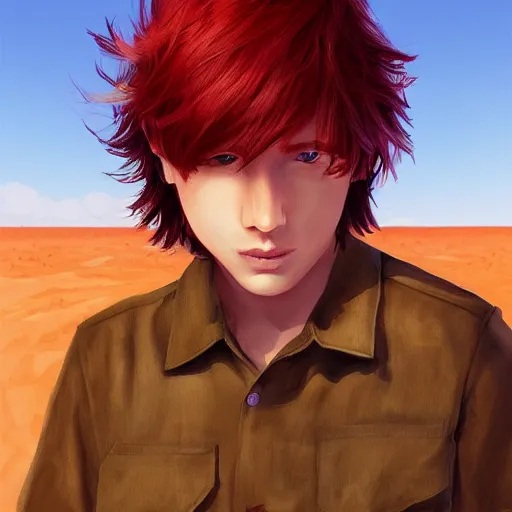 Prompt: red haired teen boy, desert in the background, artstation, highly detailed, illustration