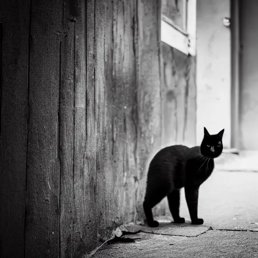 Image similar to In an old house area, a group of black cat with red eyes, the scene is dark, old black and white photo,50 mm, hyper-realistic, 8K HDR.