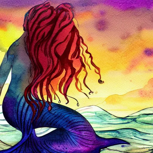 Prompt: a sunrise scene of a mermaid with hair that becomes an ocean wave, watercolor painting, professional, concept art