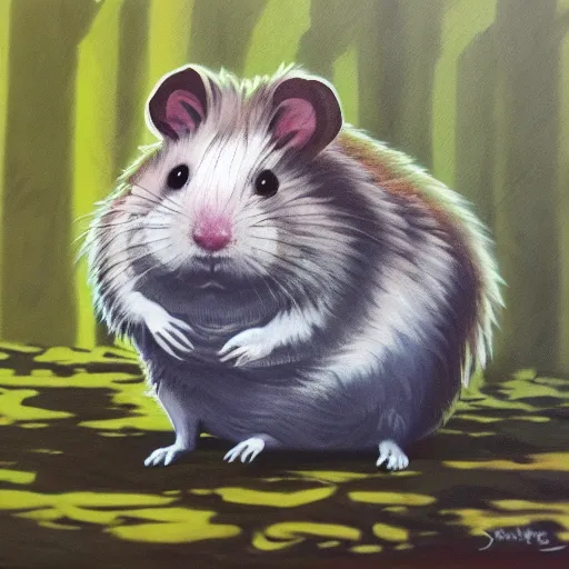 Prompt: an acryl painting of a horror hamster creature in an old ruin swamp village