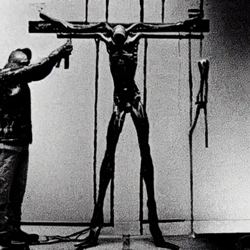 Image similar to an alien getting crucified in an experimental lab, realistic found footage video, grainy