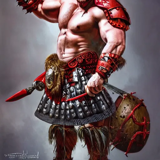 Image similar to bulky muscular scottish warrior with red hair and a kilt, tribal blood red war paintings on his chest, bronze plate armor, 4 k oil on linen by wlop, artgerm, andrei riabovitchev, nuri iyem, james gurney, james jean, greg rutkowski, highly detailed, soft lighting 8 k resolution