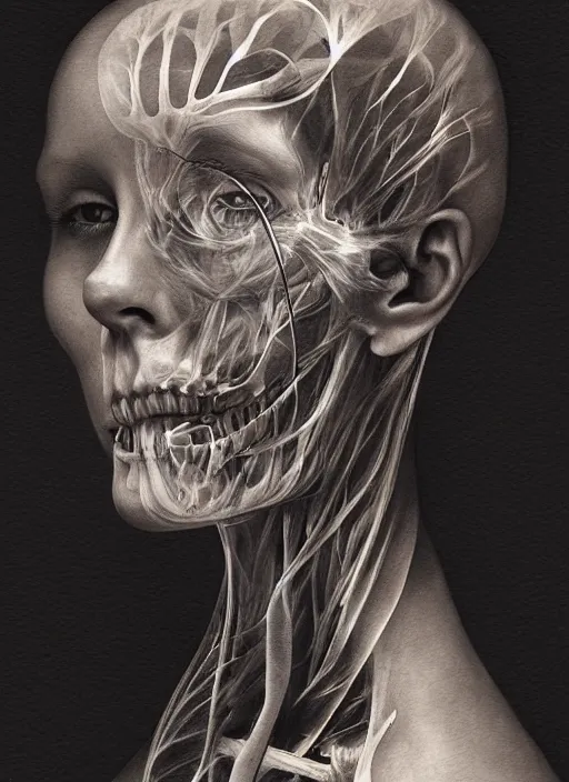 Prompt: masterpiece, woman, x-ray, bones and veins, deep black skin, marco mazzoni, zdzislaw beksinksi