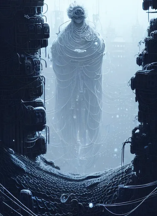 Image similar to highly detailed portrait of a frostpunk long curly white hair tribal lady, stray wiring by atey ghailan, james gilleard, by joe fenton, by greg rutkowski, by greg tocchini, by kaethe butcher, 4 k resolution, gradient blue, black and white color scheme!!! ( ( glaciated robotic dystopian city background ) )