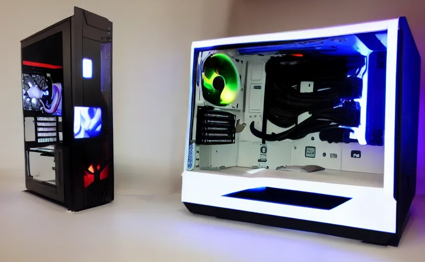 Prompt: futuristic gaming pc with white lighting and a white case, hd photograph, highly detailed, intricate