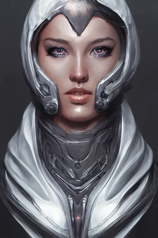 Prompt: a portrait of a swirly cyborg with a hood and mechanical part by Mars Chris and Artgerm, highly detailed, trending on artstation