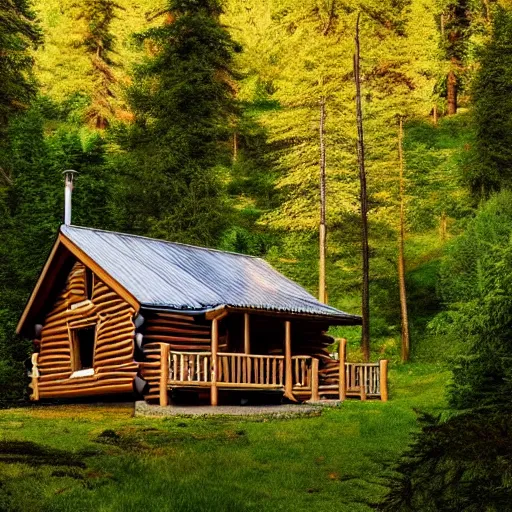 Image similar to beautiful landscape, cabin home on the top of a hill surrounded by trees, natural lighting, 35mm photography, highly detailed, 8K, artgerm, cgsociety, warm lighting