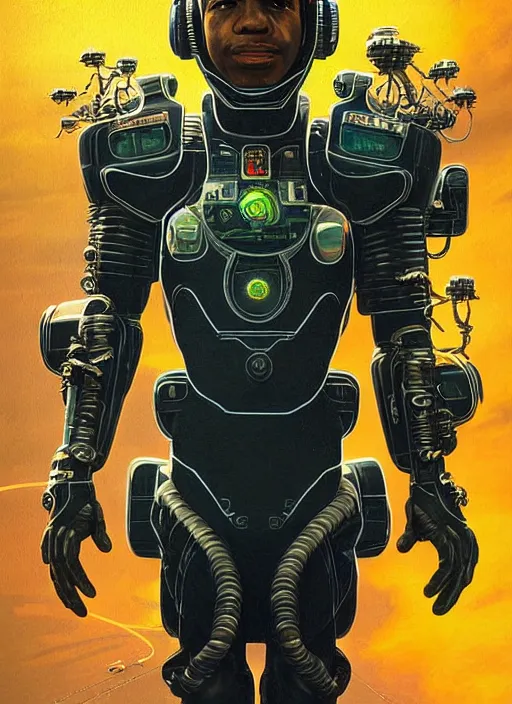 Image similar to young black man in cyber suit, character portrait, cinematic, close up, concept art, intricate details, highly detailed, vintage sci - fi poster, retro future, vintage sci - fi art, in the style of chris foss, rodger dean, moebius, michael whelan, hearthstone, katsuhiro otomo, and gustave dore