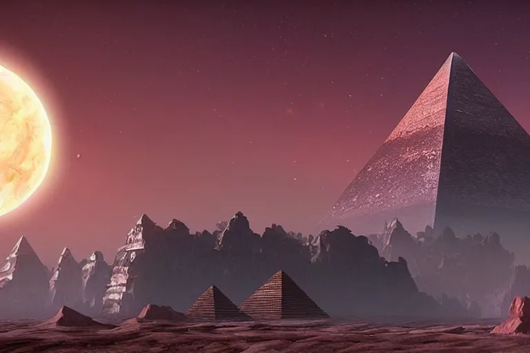 Image similar to giant pyramid castle above ringed planet, science - fiction, beautiful matte painting, frank frazetta, james gurney, unreal engine, artstation.