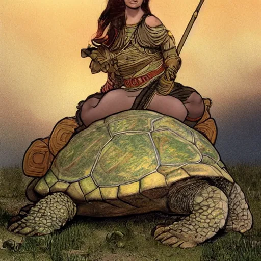 Prompt: a little warrior girl sitting on top of a giant turtle that is walking in the desert, seen from a distance. the girl is fully visible and has dark skin, realistic full body and a very beautiful detailed face with long black hair. diffuse light, dramatic sky and landscape, fantasy illustration by mucha