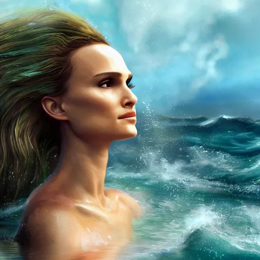 Image similar to Natalie Portman as a beautiful mermaid sitting on a rock in the middle of a stormy ocean, watching the seagulls flying above her, fantasy painting, hyperrealistic, hyperdetailed, depth of field, High definition, 8k, octane render, artstation