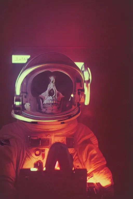 Image similar to astronaut with neon glowing skull, 1 9 6 0 s, color bleed, ektachrome photograph, volumetric lighting, f 8 aperture, cinematic eastman 5 3 8 4 film stanley kubrick