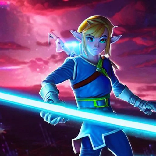 Prompt: Link from Legend of Zelda in a futuristic cybernetic uniform, wielding a neon glowing Master Sword as the Tron style city looms behind him